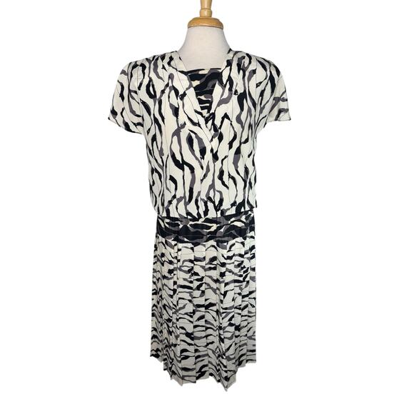 Vintage 80s Ivory Black Gray Pleated Art Print Midi Dress Size 7/8 PERCEPTIONS - Picture 1 of 10